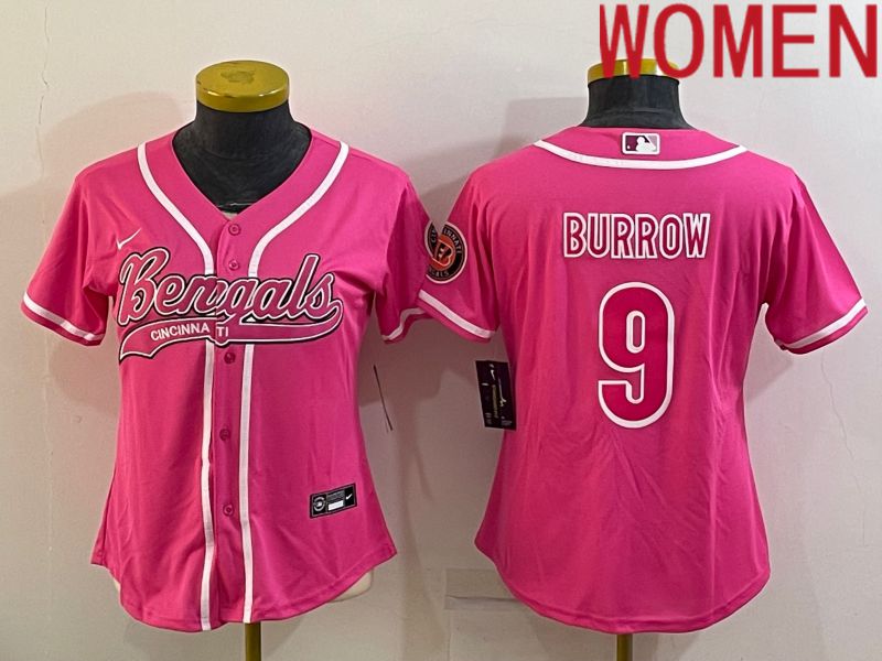 Women Cincinnati Bengals 9 Burrow Pink 2022 Nike Co branded NFL Jerseys